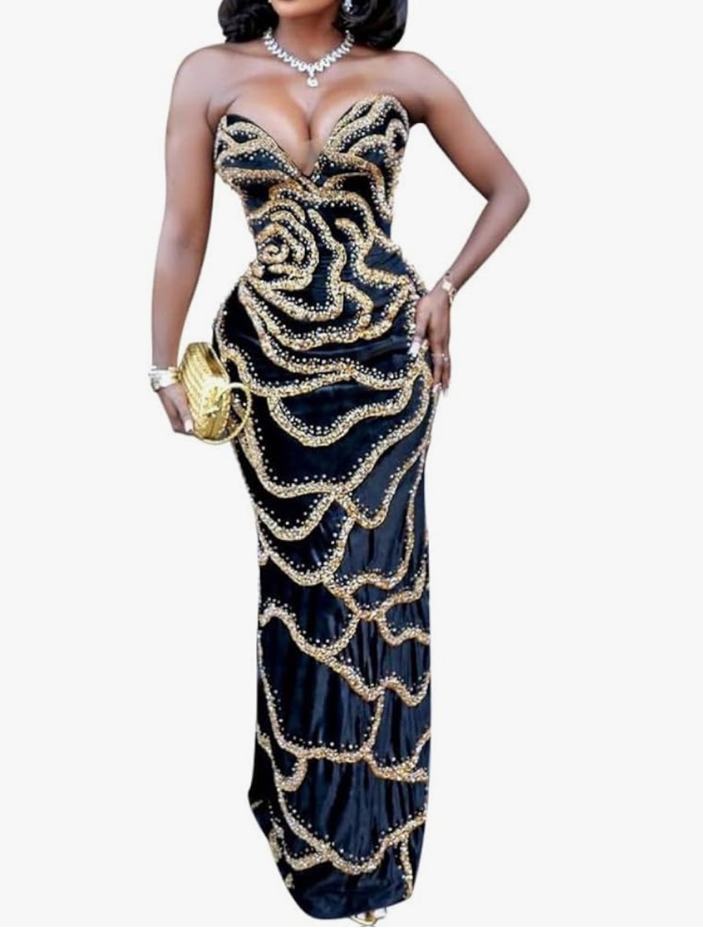 Amazon Strapless Black and Gold Sequin Gown